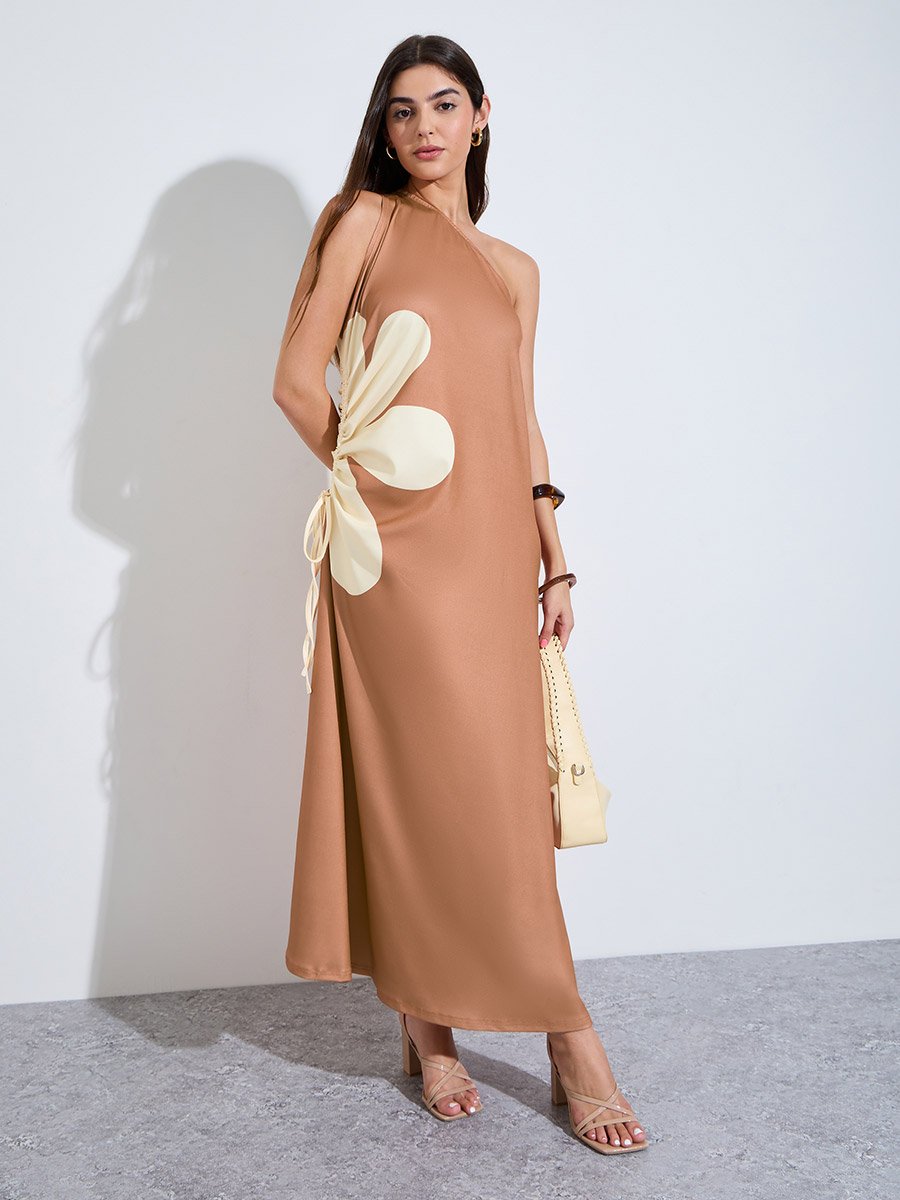 Brown One-Shoulder Floral Ruched Maxi Dress