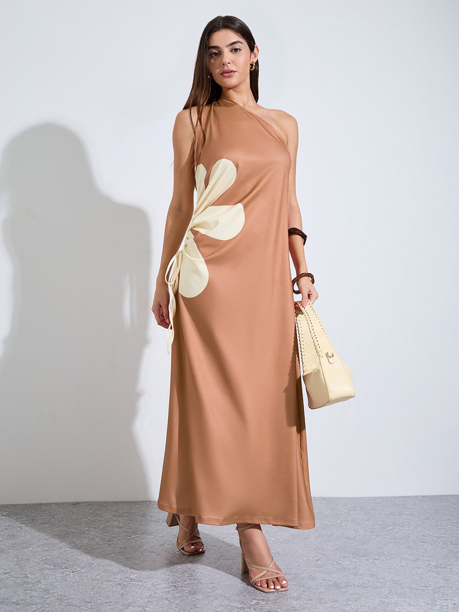 Brown One-Shoulder Floral Ruched Maxi Dress