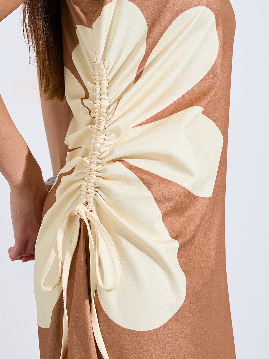 Brown One-Shoulder Floral Ruched Maxi Dress