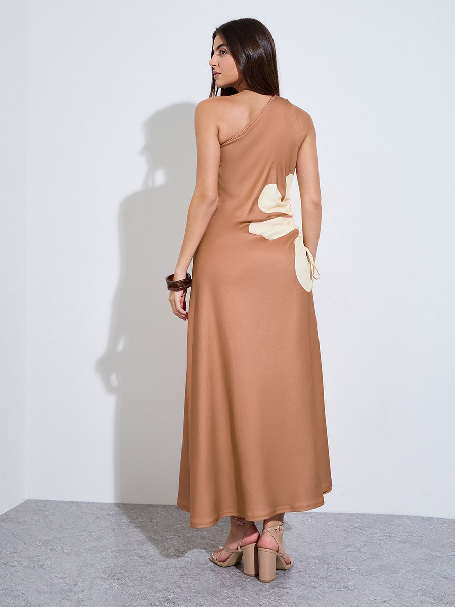 Brown One-Shoulder Floral Ruched Maxi Dress