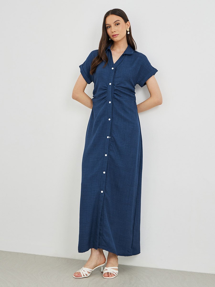 Solid Collared Buttoned Shirt Maxi Dress