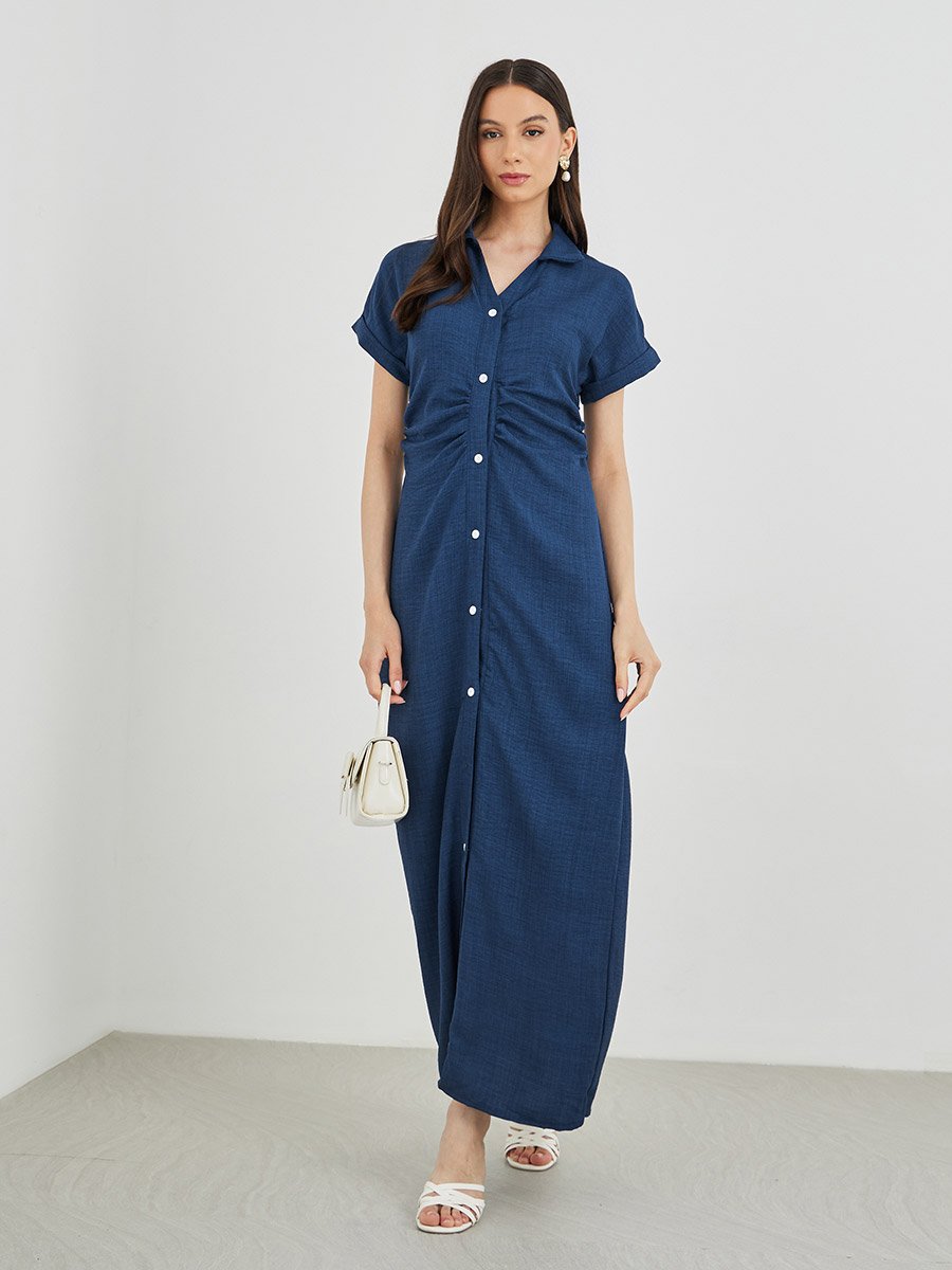 Solid Collared Buttoned Shirt Maxi Dress