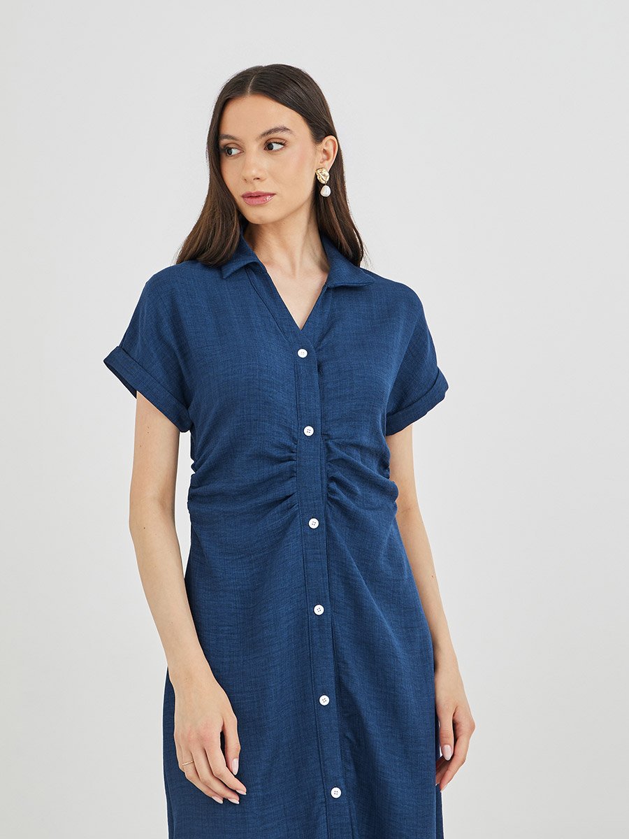 Solid Collared Buttoned Shirt Maxi Dress