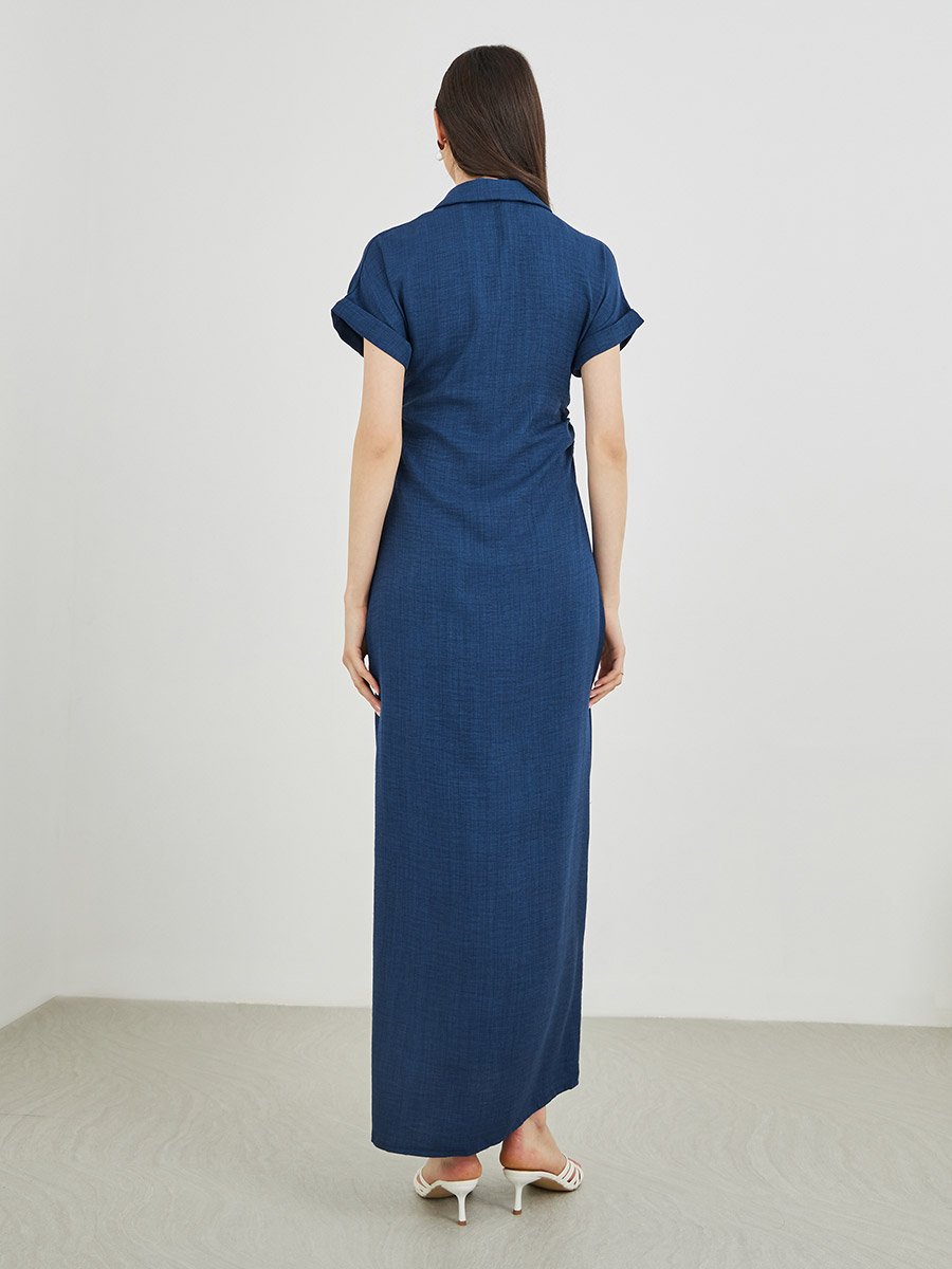 Solid Collared Buttoned Shirt Maxi Dress