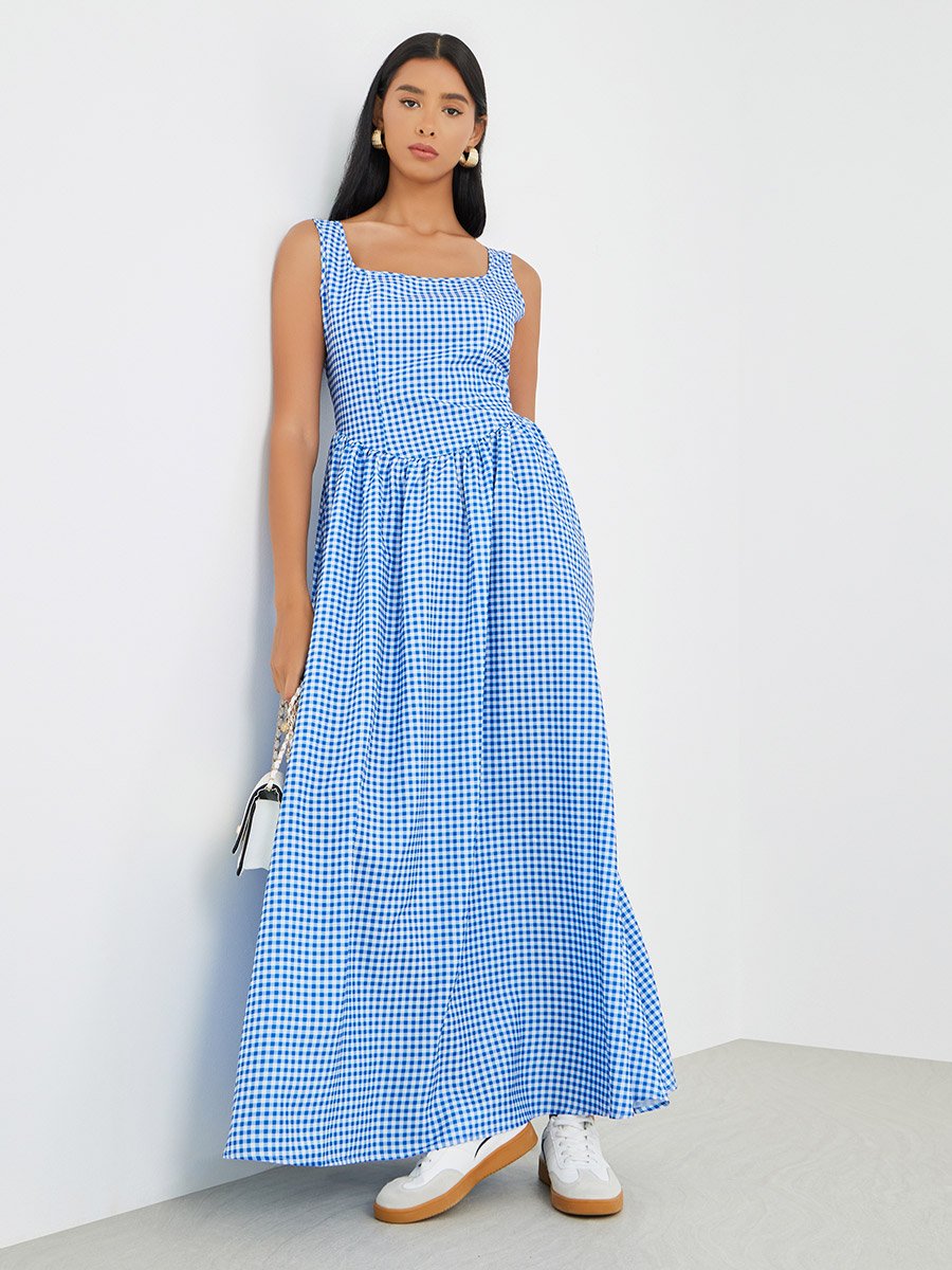 Checked Print Sleeveless A-Line Maxi Dress