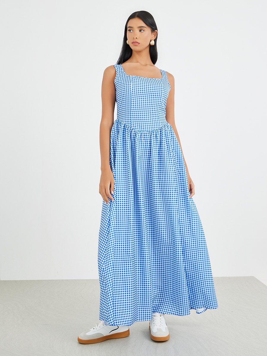 Checked Print Sleeveless A-Line Maxi Dress