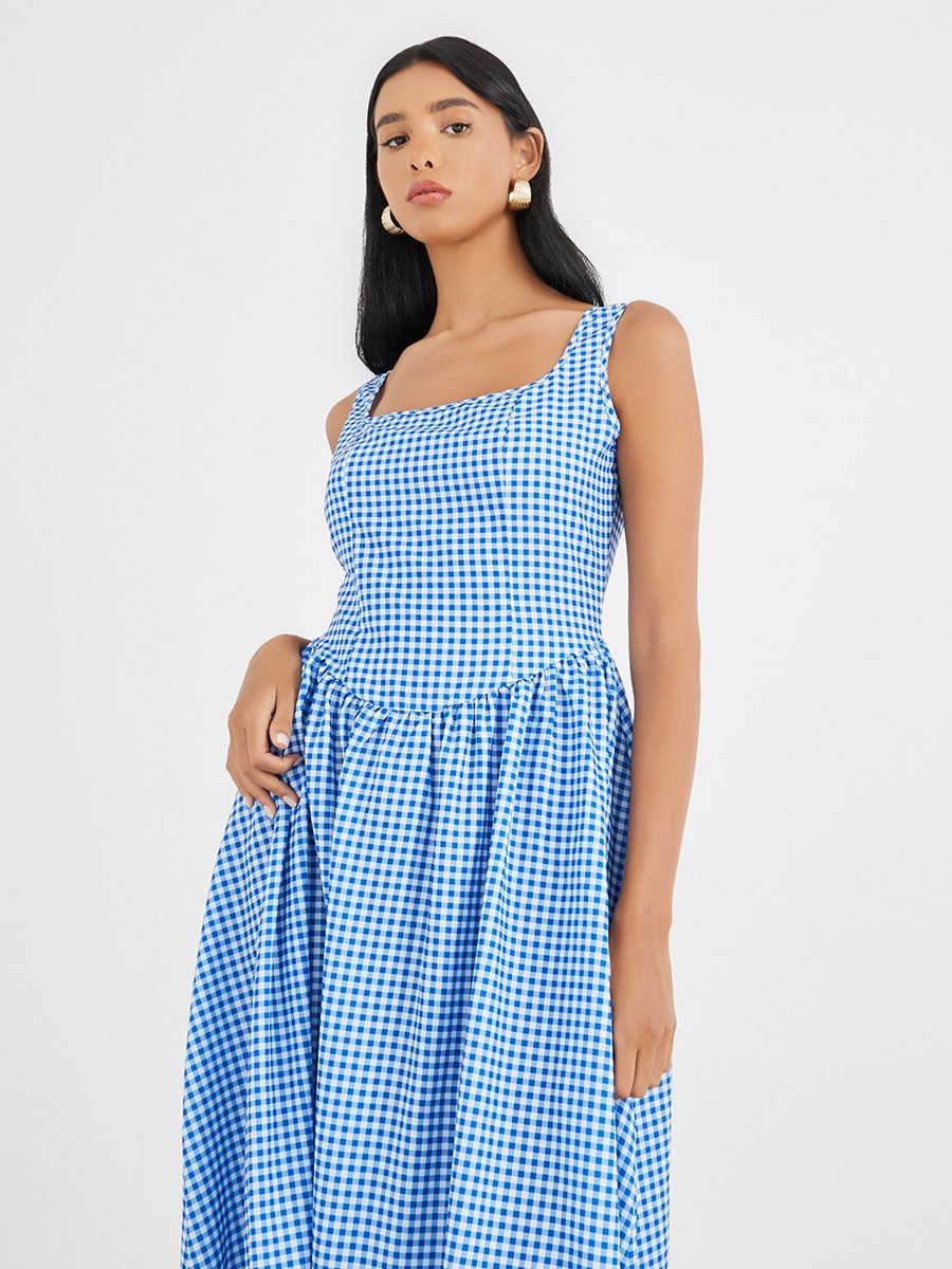 Checked Print Sleeveless A-Line Maxi Dress