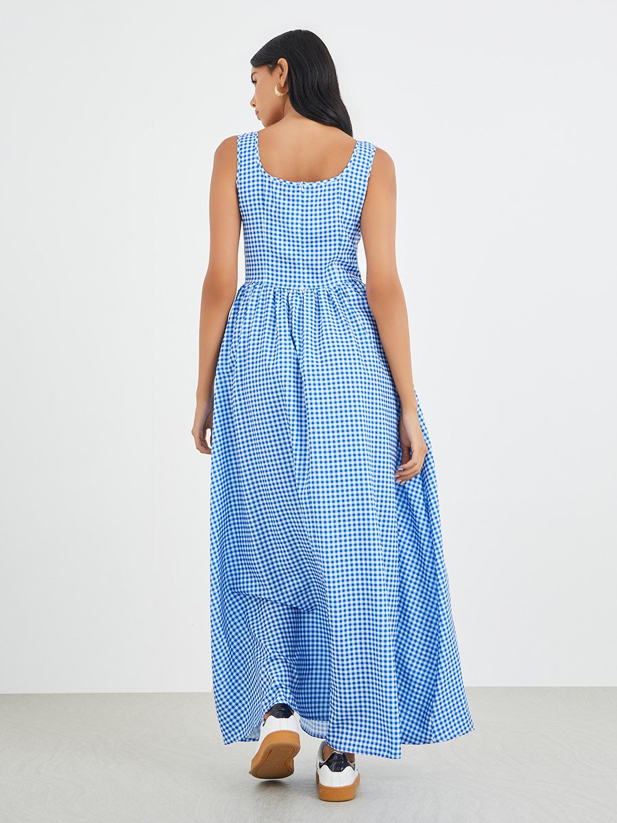 Checked Print Sleeveless A-Line Maxi Dress