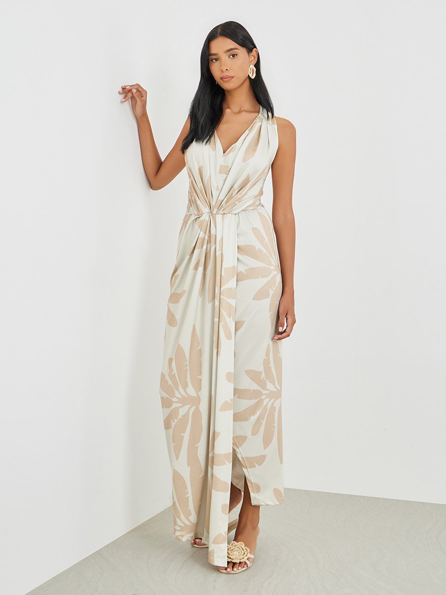 Floral Print Pleated Sleeveless Maxi Dress