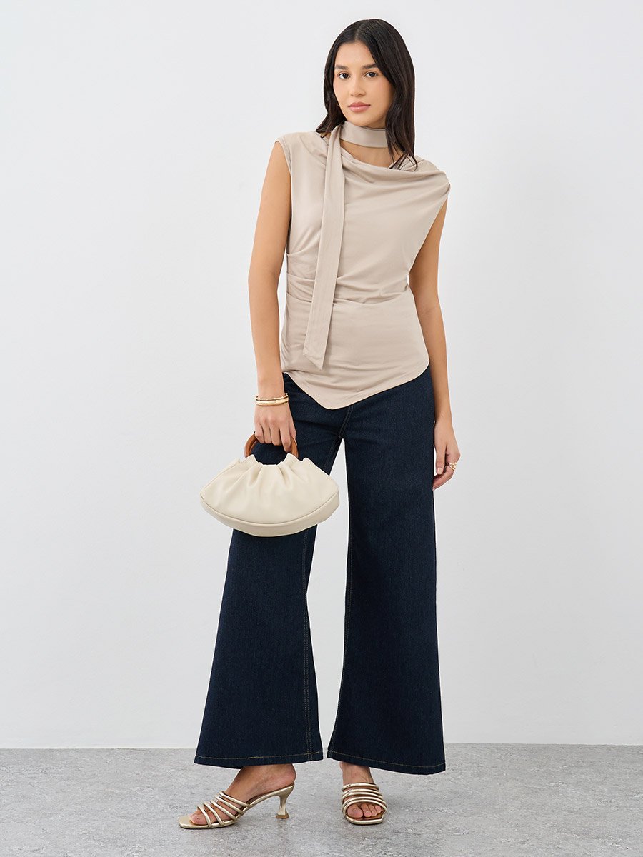 Beige Front Draped Sleeveless Top