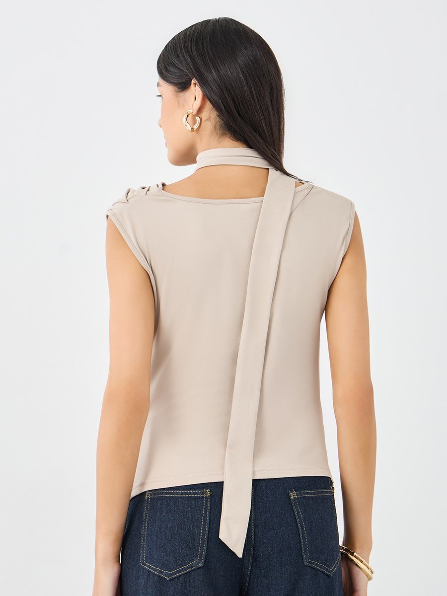 Beige Front Draped Sleeveless Top
