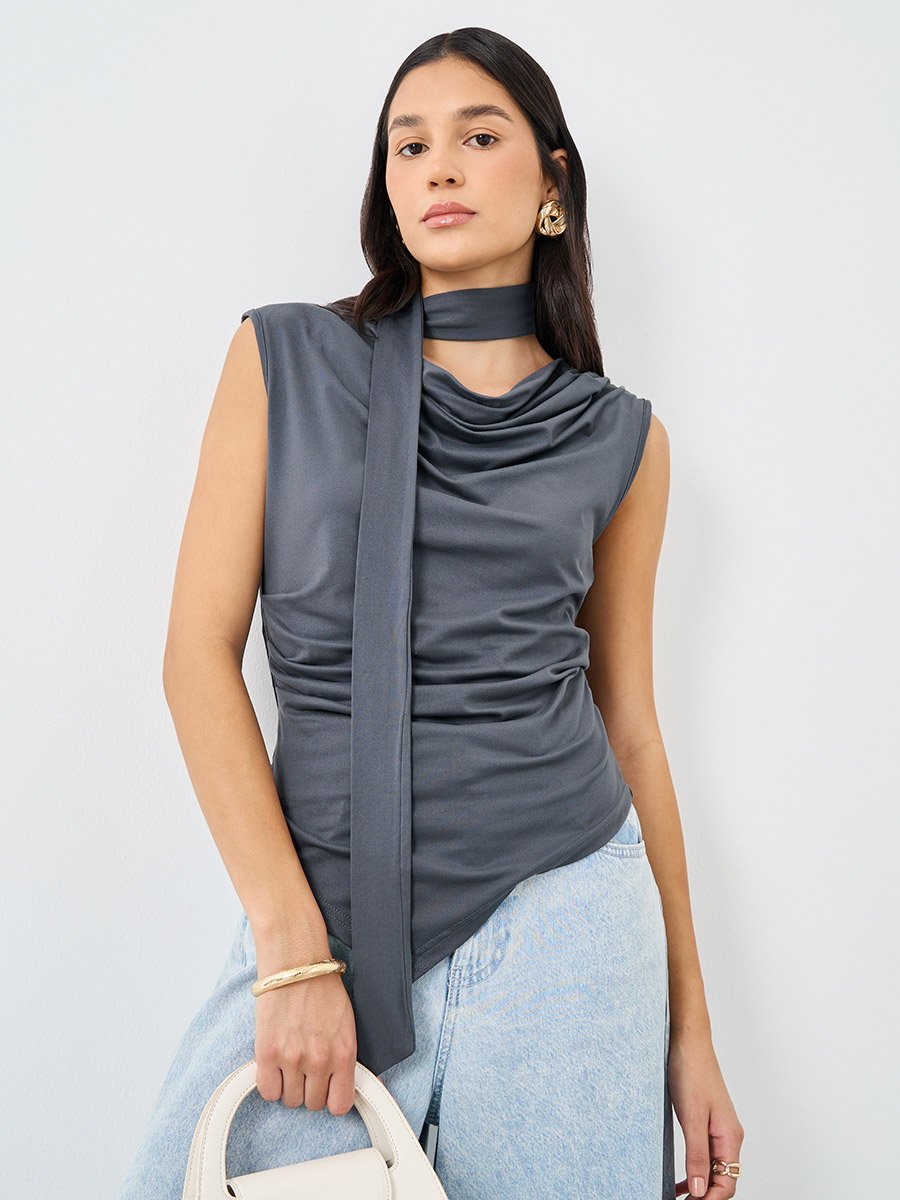 Charcoal Front Draped Sleeveless Top