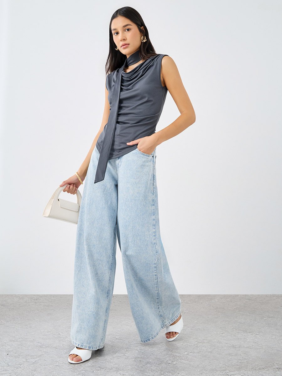 Charcoal Front Draped Sleeveless Top