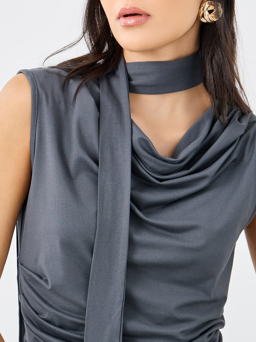 Charcoal Front Draped Sleeveless Top