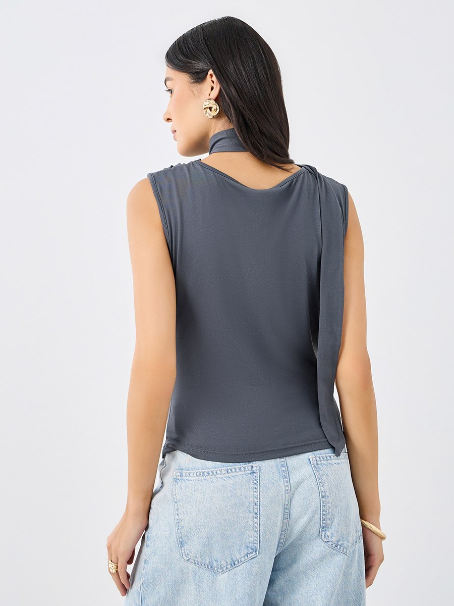 Charcoal Front Draped Sleeveless Top