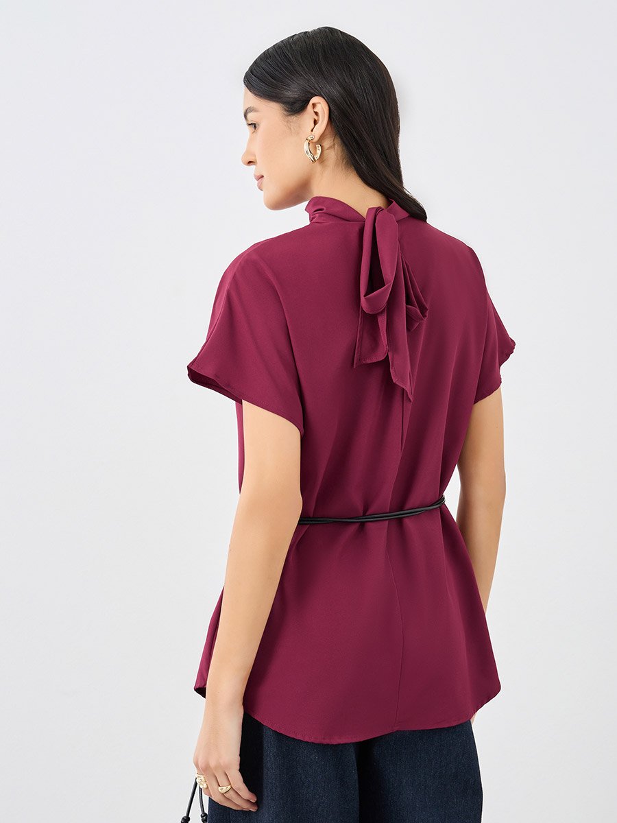 Burgundy High Neck Blouse with Loop String Belt