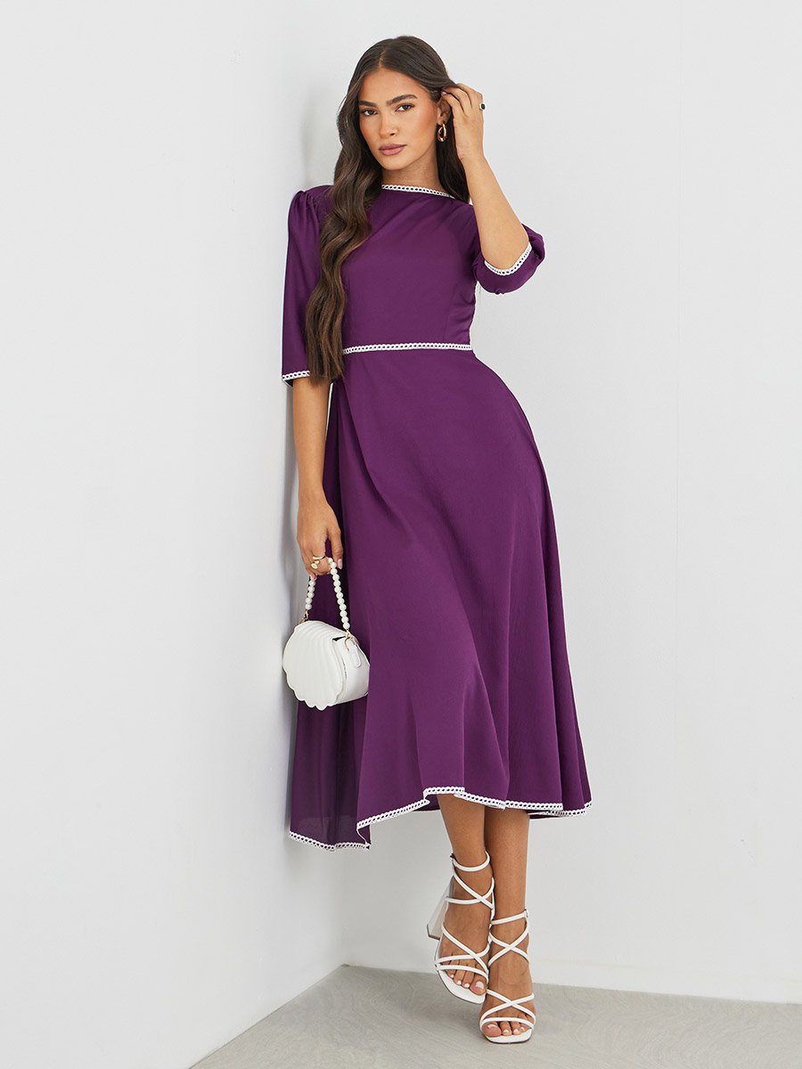 Solid Boat Neck A-Line Dress with Lace Trim