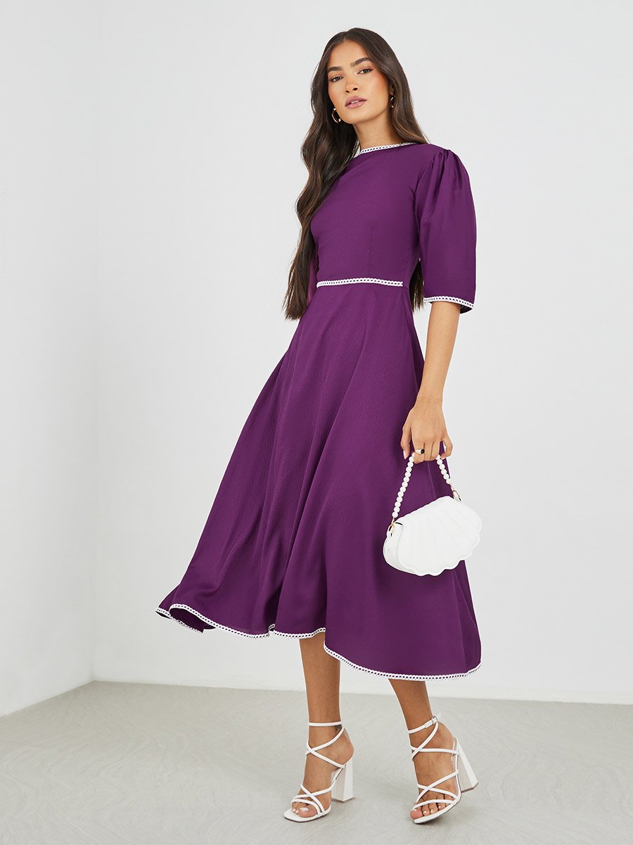 Solid Boat Neck A-Line Dress with Lace Trim