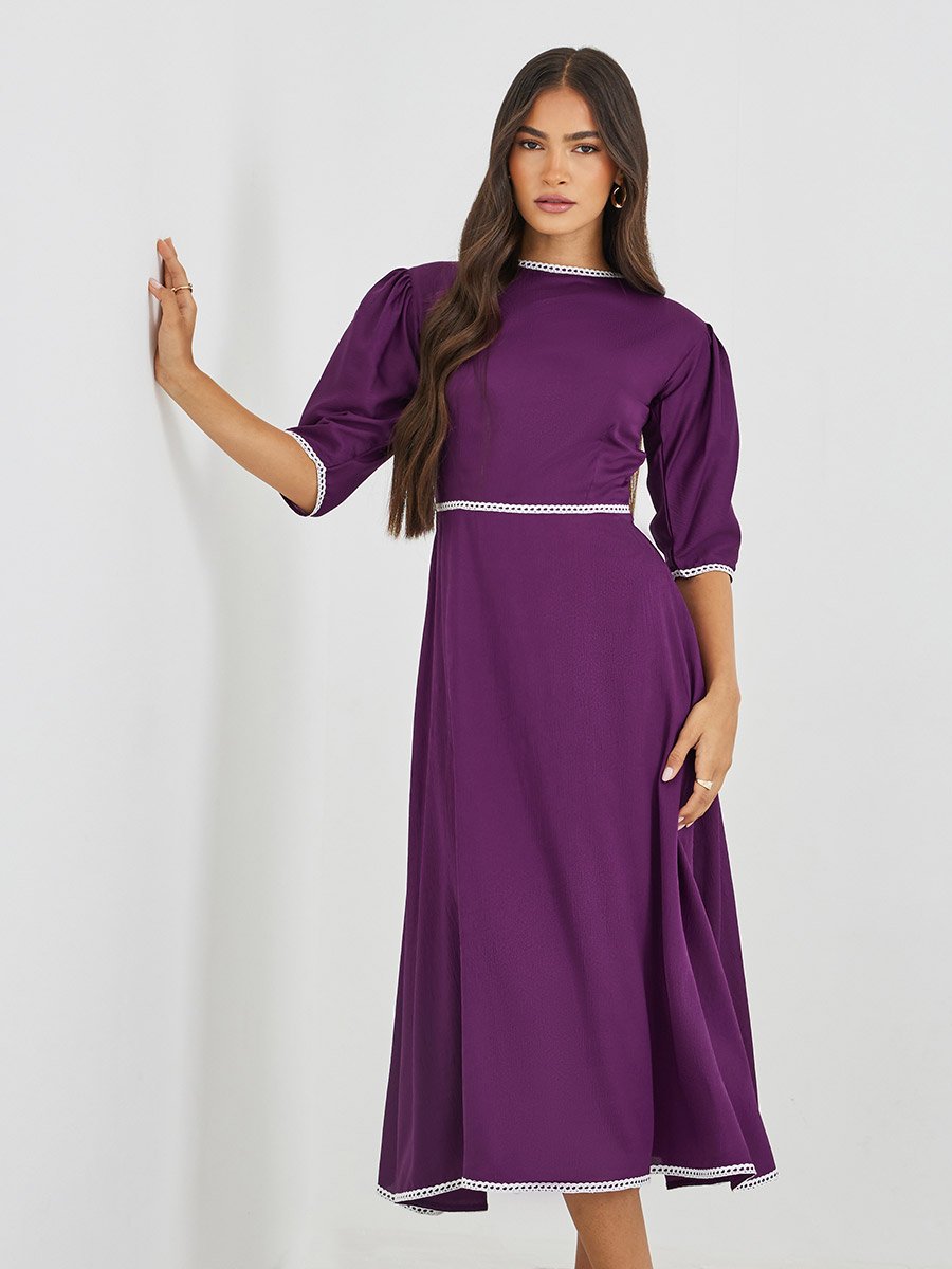 Solid Boat Neck A-Line Dress with Lace Trim