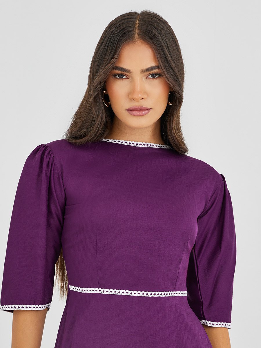 Solid Boat Neck A-Line Dress with Lace Trim