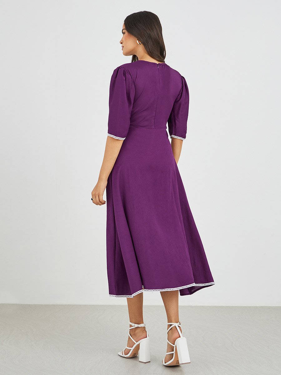 Solid Boat Neck A-Line Dress with Lace Trim