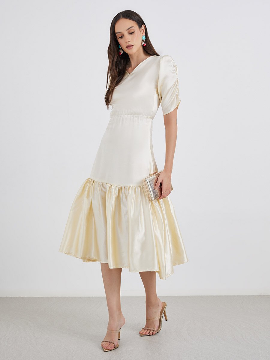 Satin Ruched Sleeve Fit and Flare Midi Dress For Women at UAE | Styli Satin Ruched Sleeve Fit and Flare Midi Dress For Women at UAE | Styli