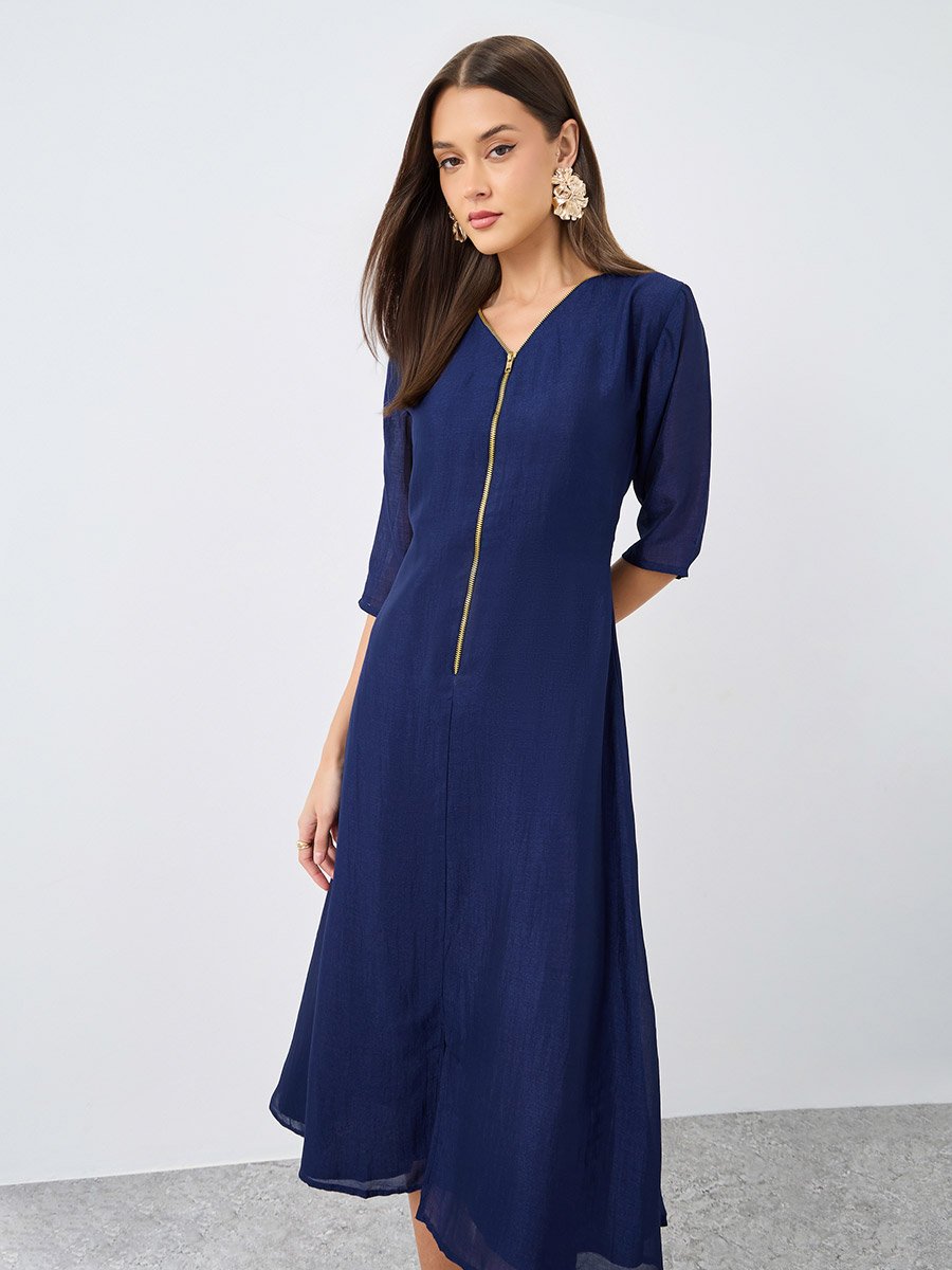 V Neck Midi Dress with Zip Closure