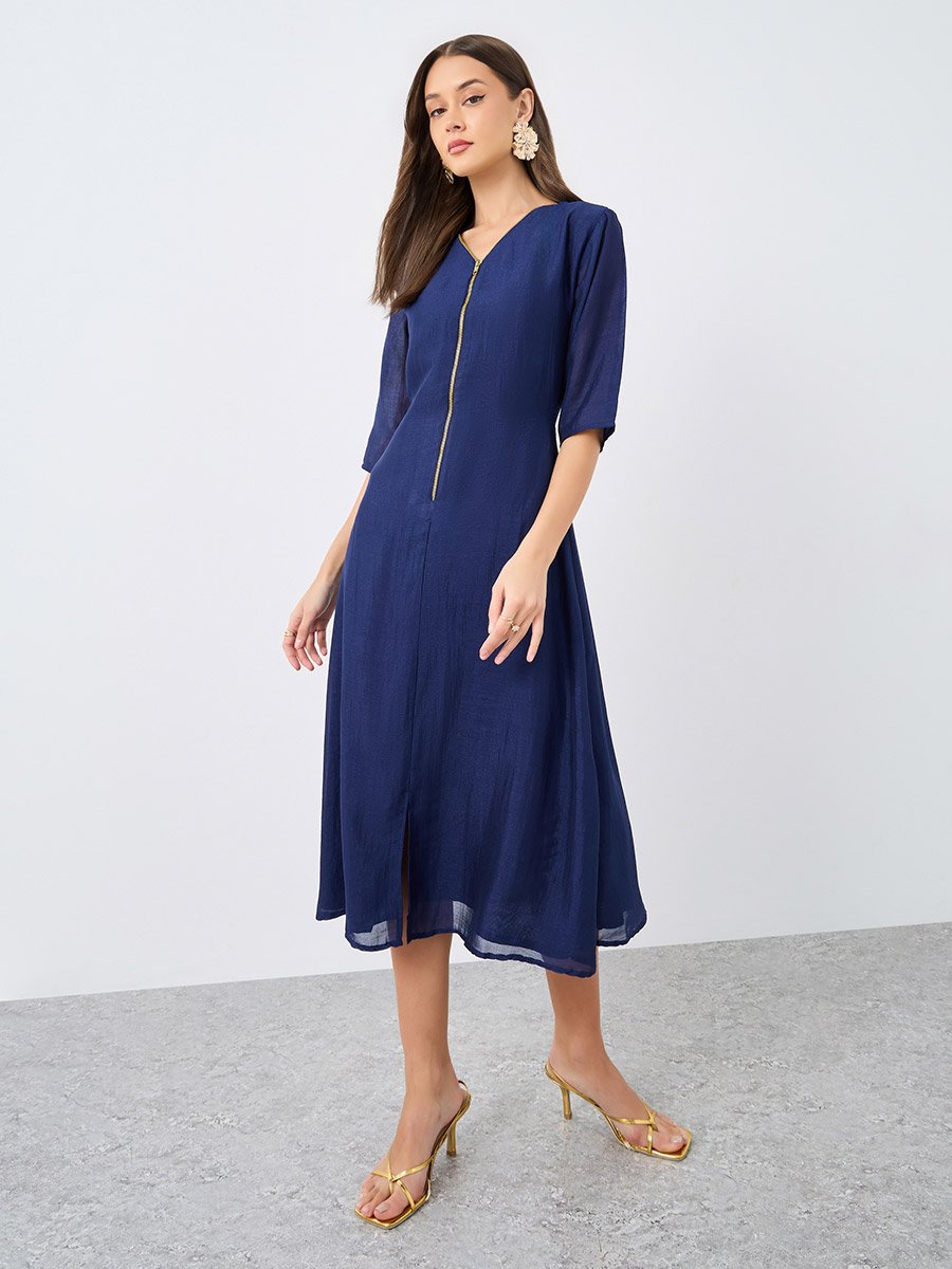 V Neck Midi Dress with Zip Closure