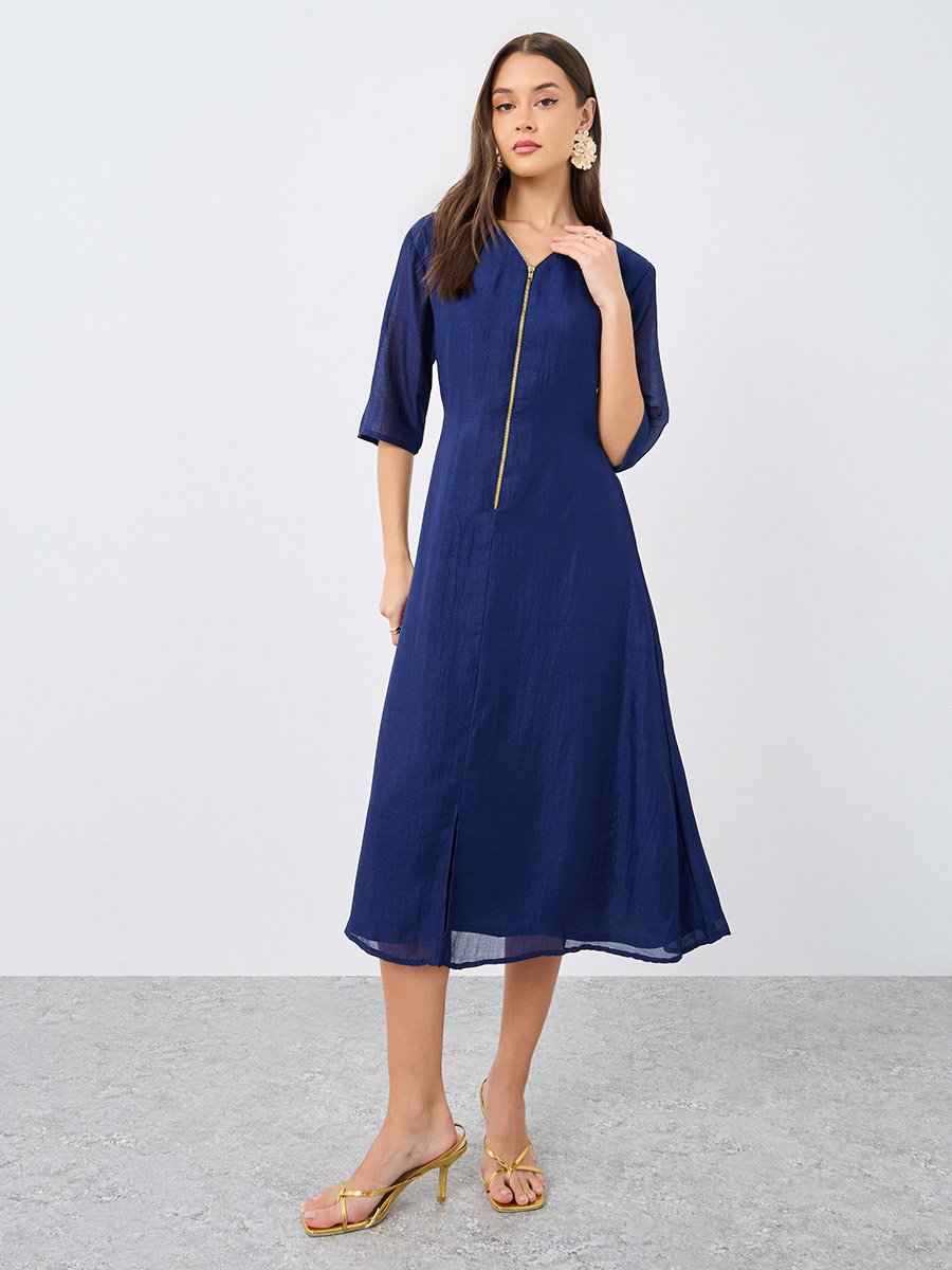 V Neck Midi Dress with Zip Closure