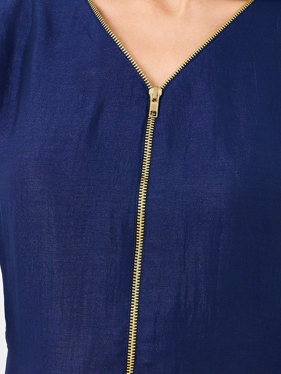 V Neck Midi Dress with Zip Closure
