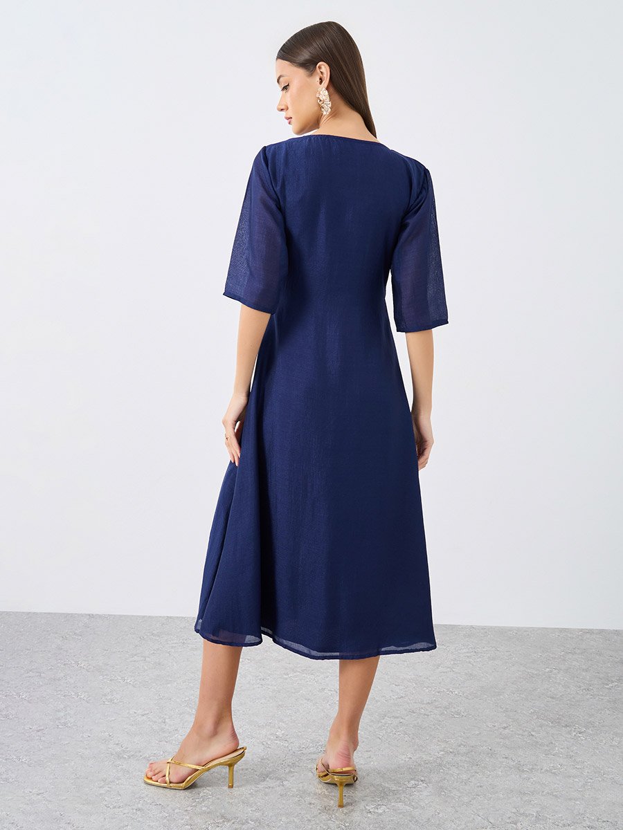 V Neck Midi Dress with Zip Closure