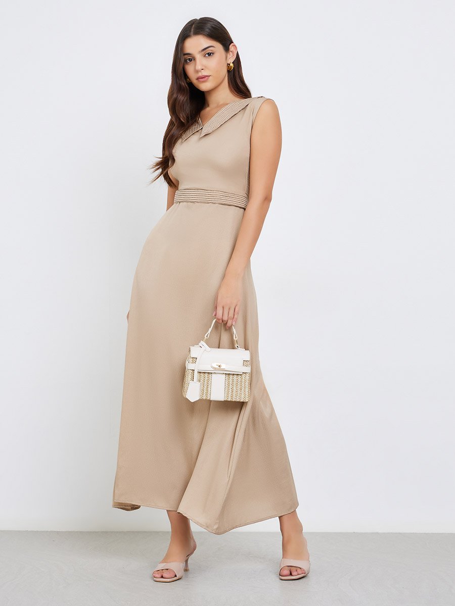 Beige Maxi Dress with Tie Belt