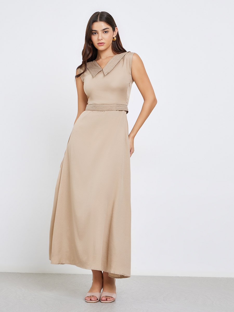 Beige Maxi Dress with Tie Belt