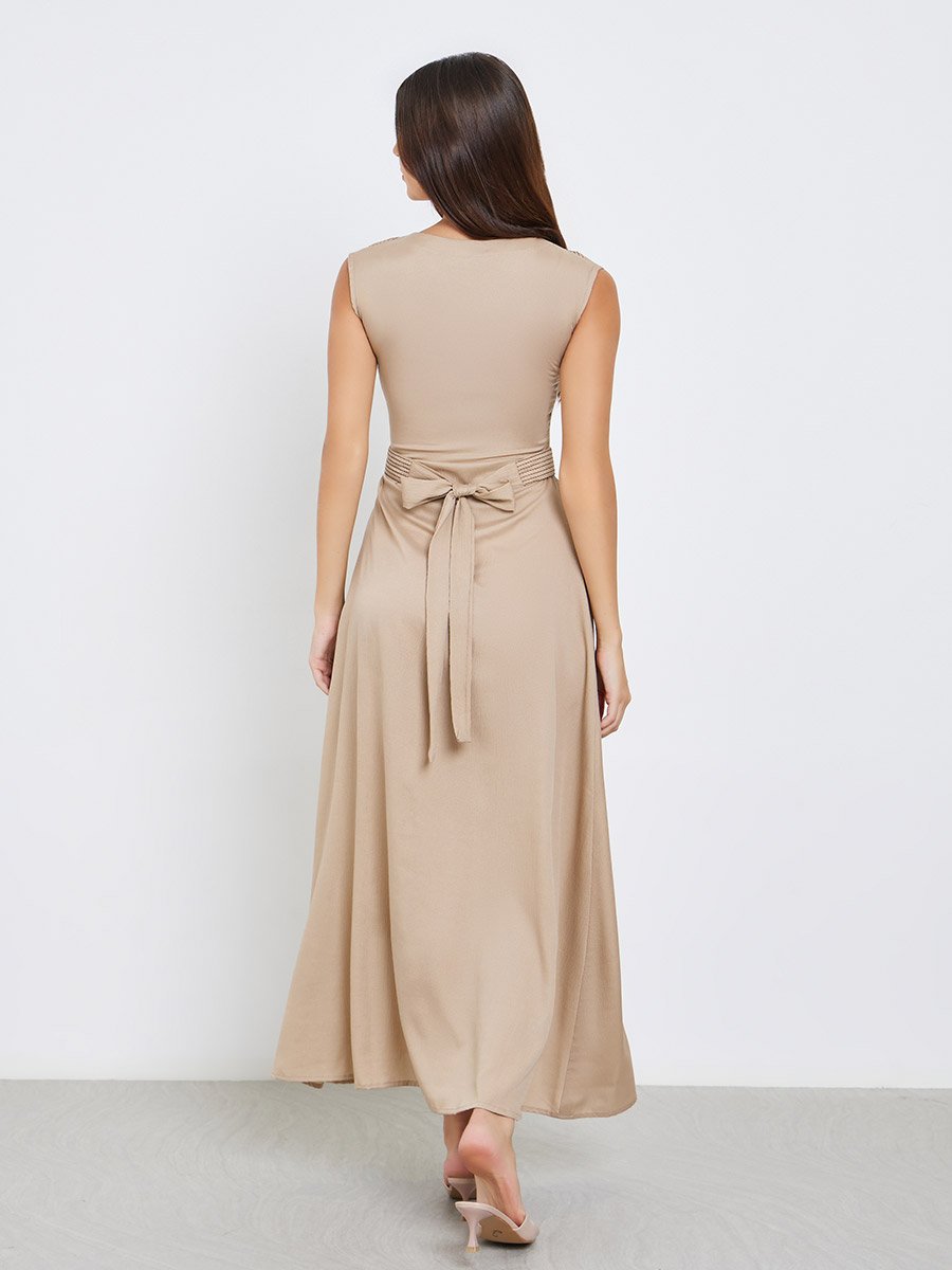 Beige Maxi Dress with Tie Belt