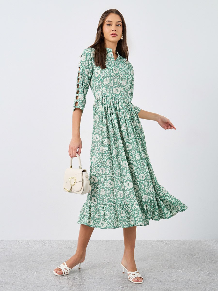 Floral Print Ruffled Hem A-Line Midi Dress