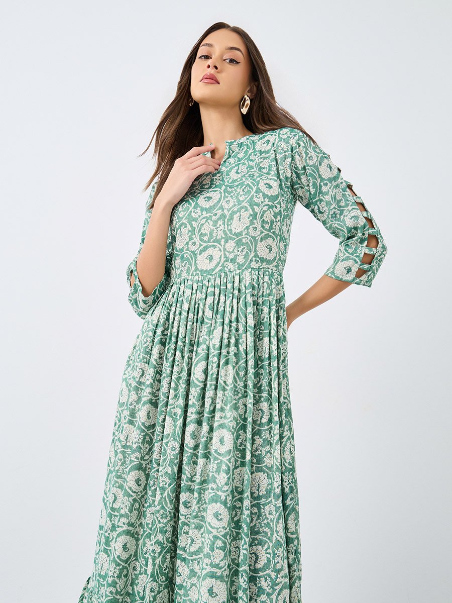 Floral Print Ruffled Hem A-Line Midi Dress