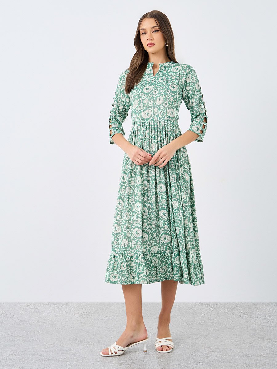 Floral Print Ruffled Hem A-Line Midi Dress