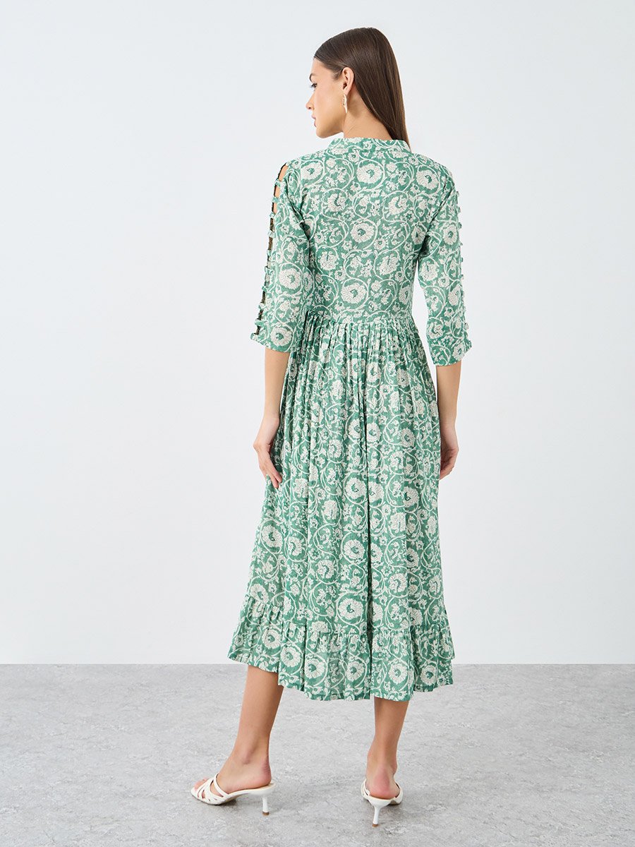 Floral Print Ruffled Hem A-Line Midi Dress