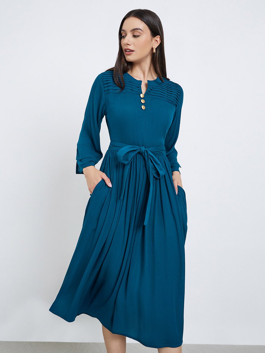 Teal Pintuck Panel Midi Dress with Tie Belt
