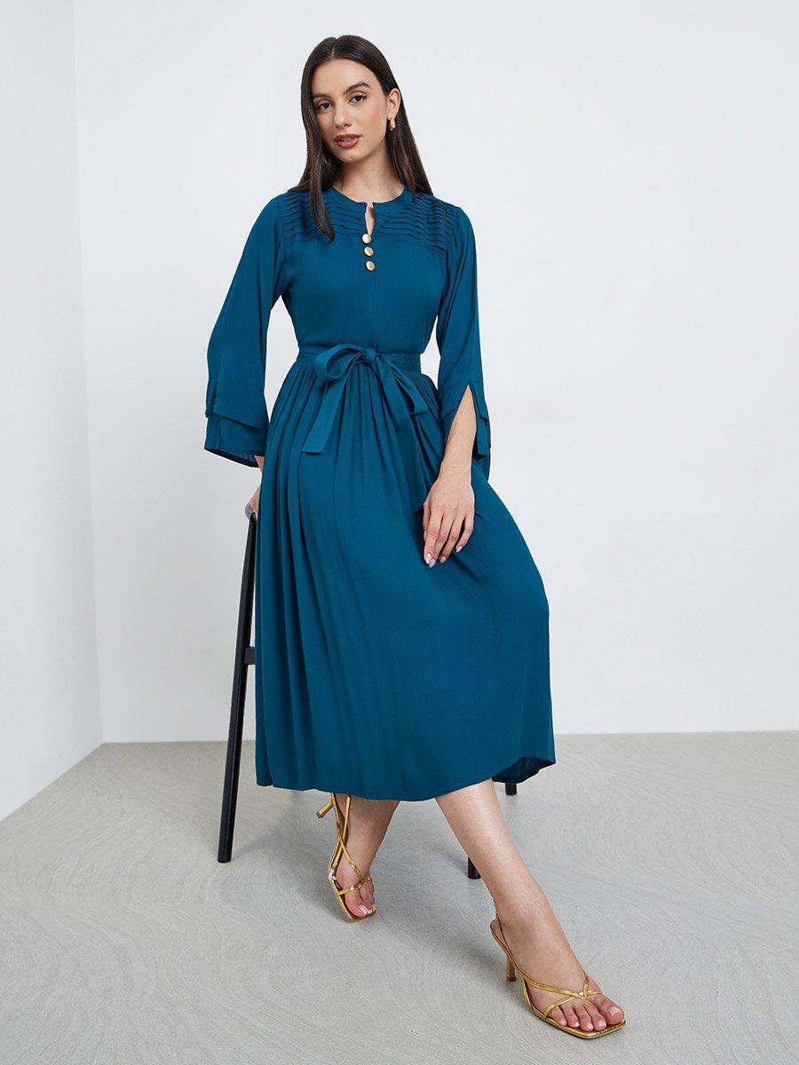 Teal Pintuck Panel Midi Dress with Tie Belt