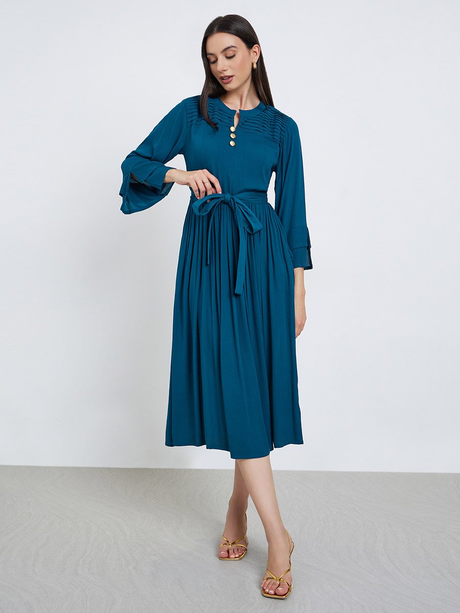 Teal Pintuck Panel Midi Dress with Tie Belt