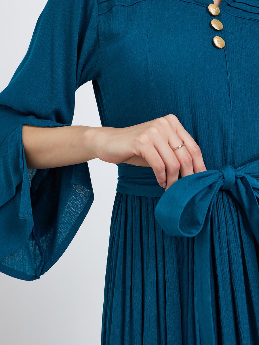 Teal Pintuck Panel Midi Dress with Tie Belt