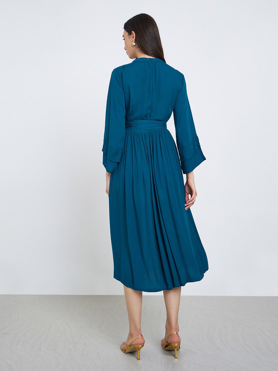 Teal Pintuck Panel Midi Dress with Tie Belt