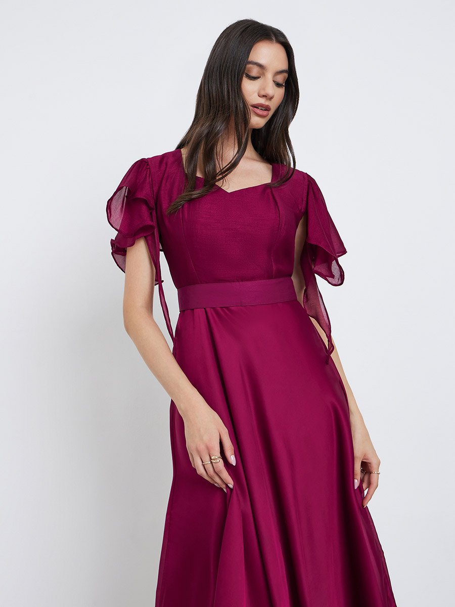 Flutter Sleeves Midi Dress with Tie Belt