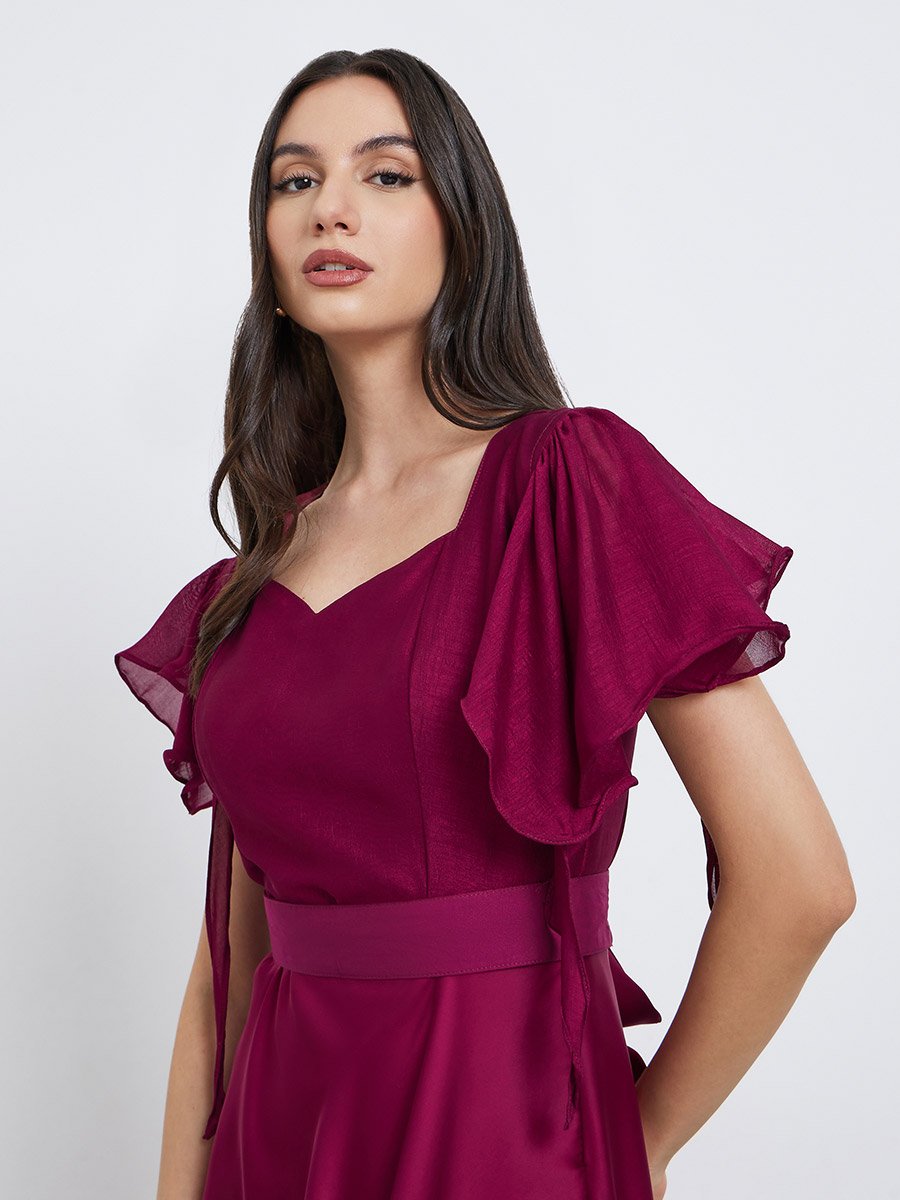 Flutter Sleeves Midi Dress with Tie Belt