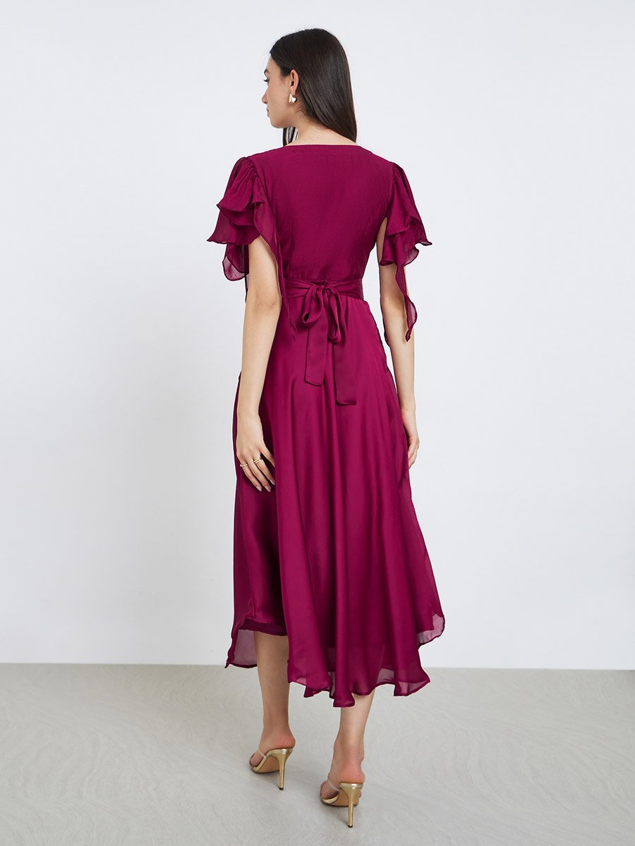 Flutter Sleeves Midi Dress with Tie Belt