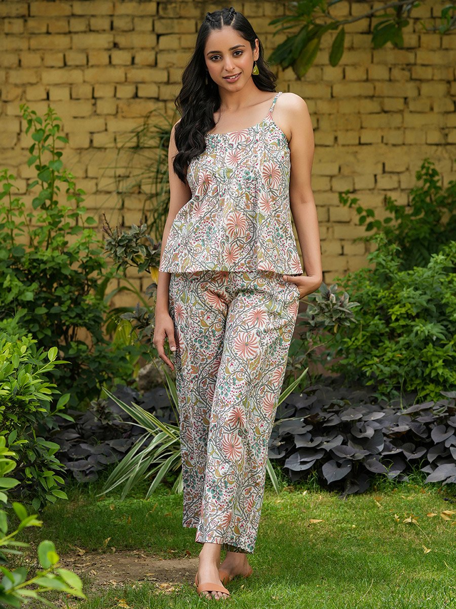 Floral Printed Pure Cotton Cami and Pyjama Set