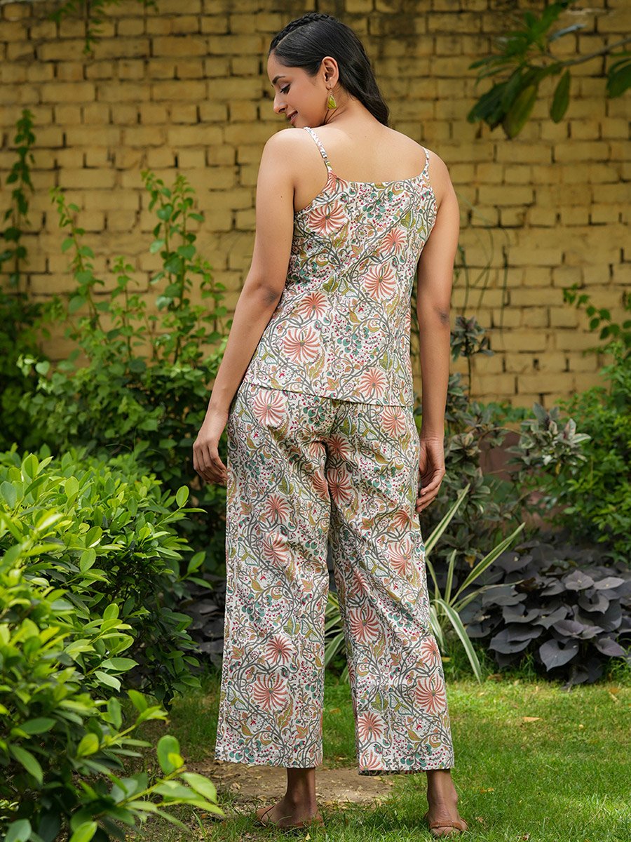 Floral Printed Pure Cotton Cami and Pyjama Set