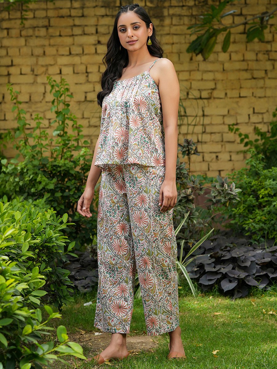 Floral Printed Pure Cotton Cami and Pyjama Set