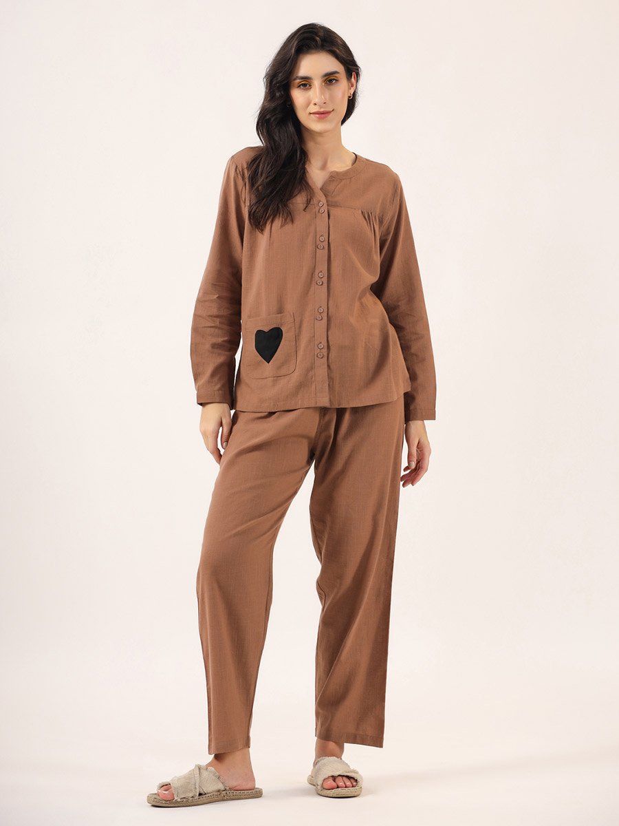 Heart Pocket Detail Cotton Slub Shirt and Pyjama Set 